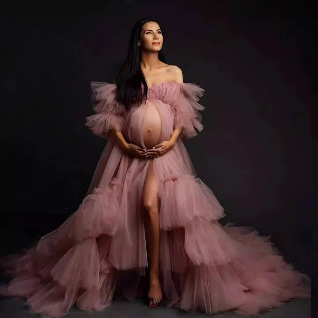 Tulle Cardigan Maternity Dress For Photoshoot Long Pleated Hem Detachable Sleeves Pregnant Women Dress For Wedding Guest maternity dresses