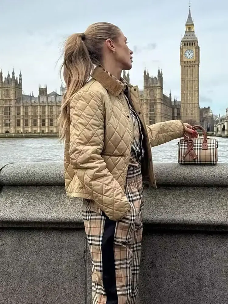 HH Women Casual Contrast Color Quilted Coat Single-Breasted Long Sleeve Jacket Elegant Woman Autumn Winter Maternity Outwear