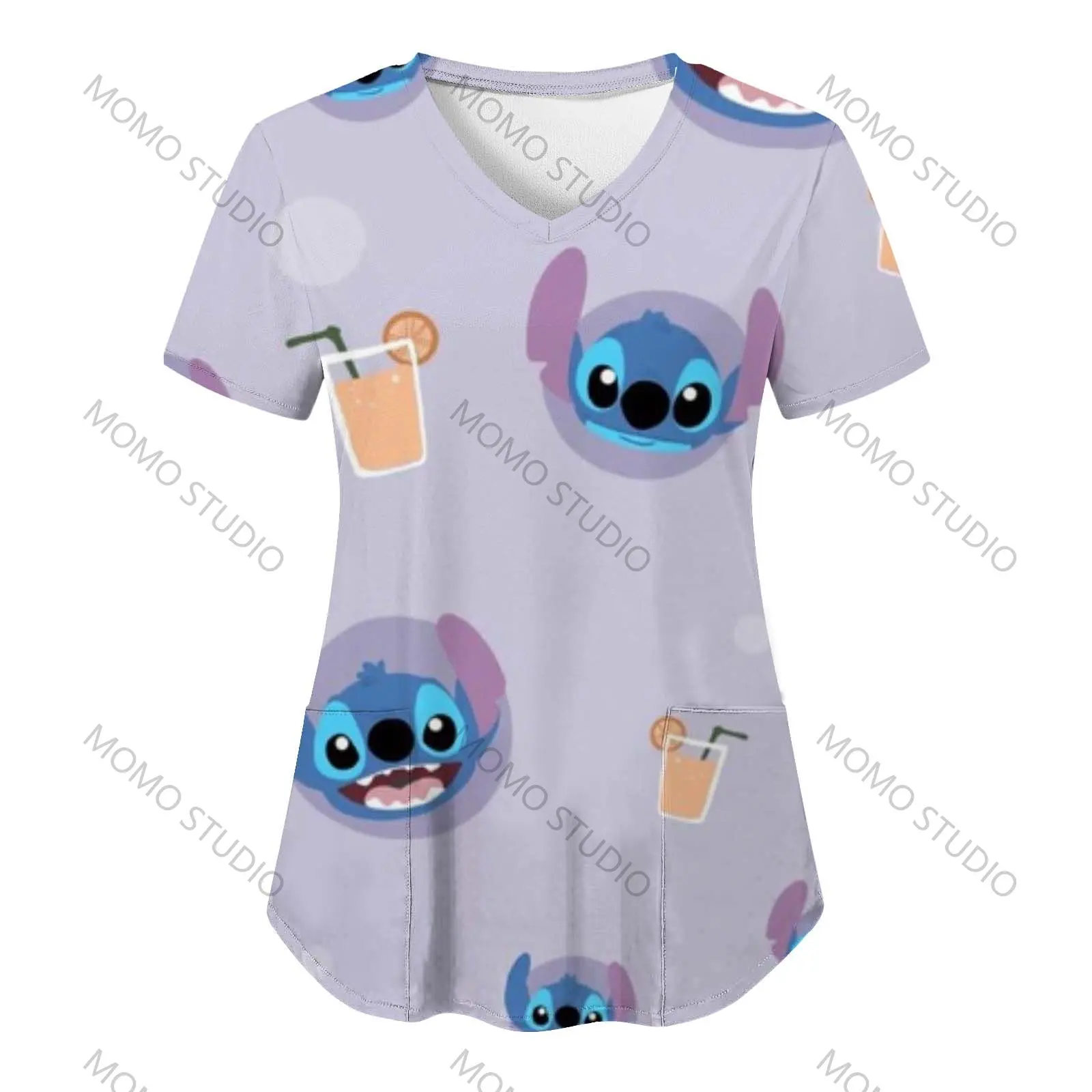 

Summer Hospital V Neck T-shirt Pocket Woman T-shirts Y2k Stitch Disney Nurse Uniform Clothing New Lilo & Stitch Uniform Pocket