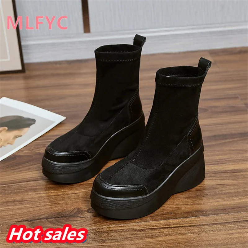 Autumn and Winter New Women's Boots Net Red Elastic Boots Matsutake Thick Sole Short Boots with Elevated Inner Height