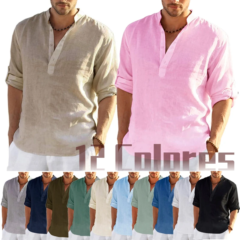 New Men's Linen Long Sleeve T-Shirt Solid Color Loose Casual Shirt Long Sleeve Cotton Linen Shirt
