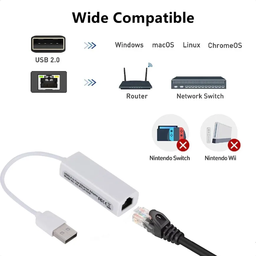 USB 네트워크 카드 10/100Mbps 유선 네트워크 카드 RTL8152B USB 2.0 to RJ45 이더넷 랜 어댑터 (PC, 노트북, 컴퓨터, TV 박스용)