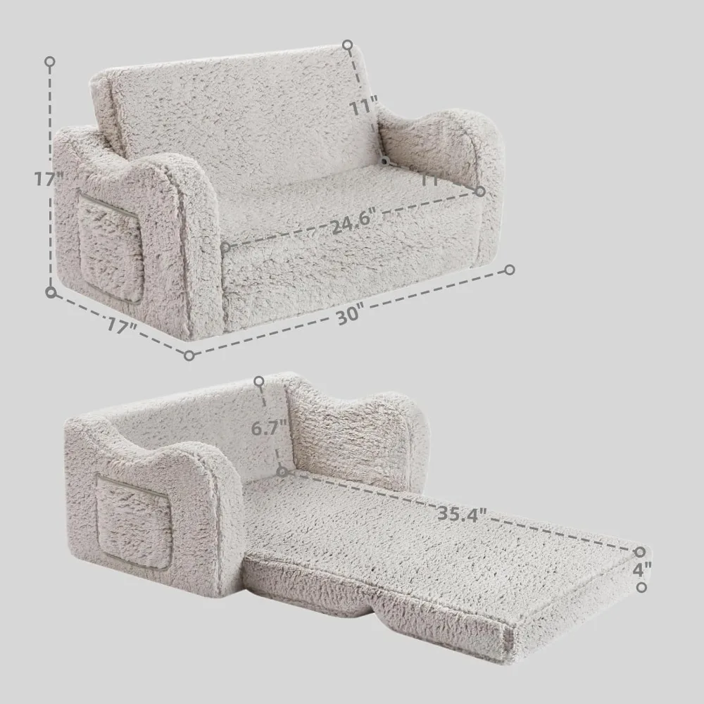 Kids Extra Wide Chairs for Toddler,2-in-1 Toddler Soft Sherpa Couch Fold Out,Convertible Sofa to Lounger for Girls and Boys,Grey 3