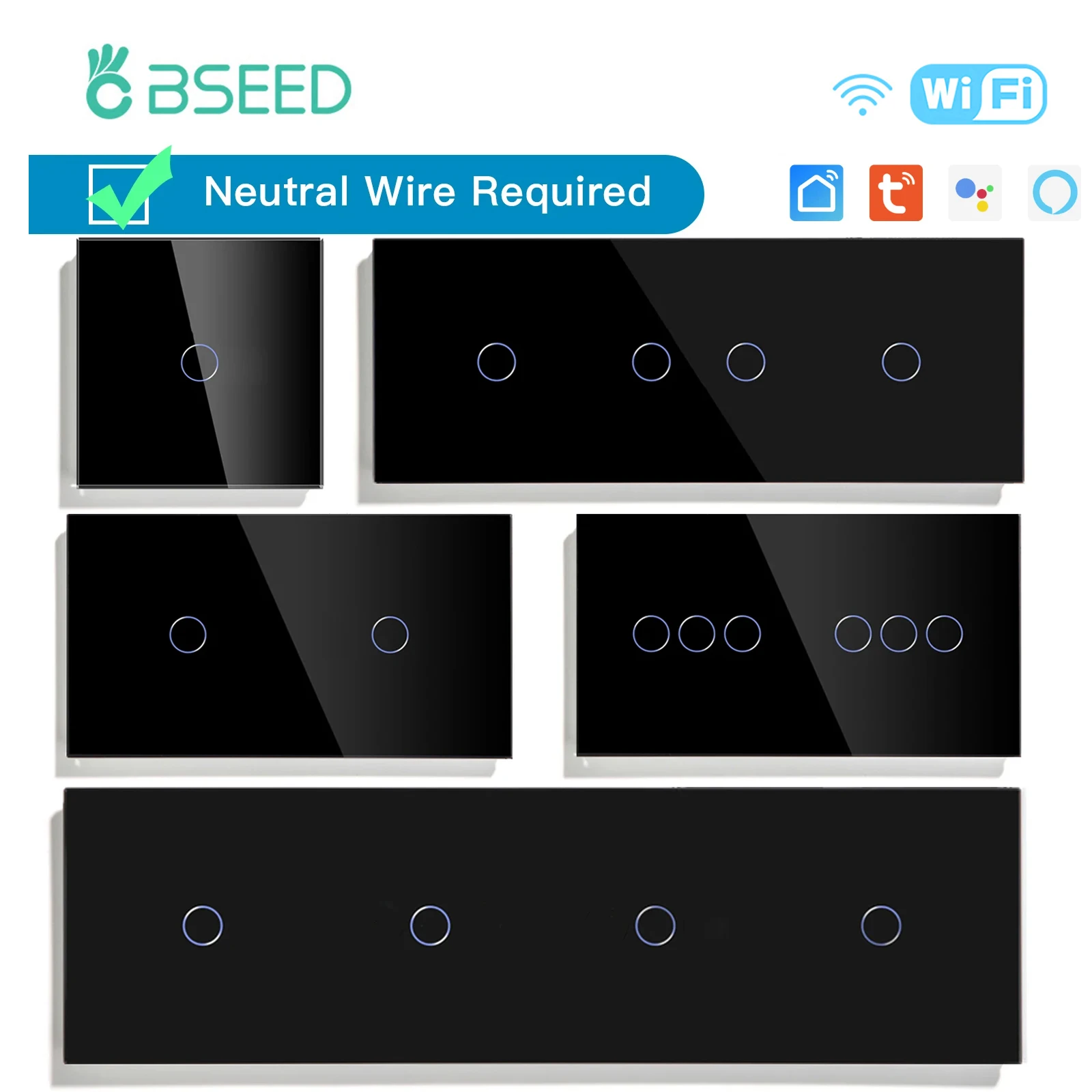 Bseed สวิตช์ไฟระบบสัมผัส WiFi ชุดสวิตช์ไฟอัจฉริยะ LED สีฟ้า Backlight เซ็นเซอร์หน้าจอกระจก Tuya แอปสวิตช์ติดผนังมาตรฐาน EU 1