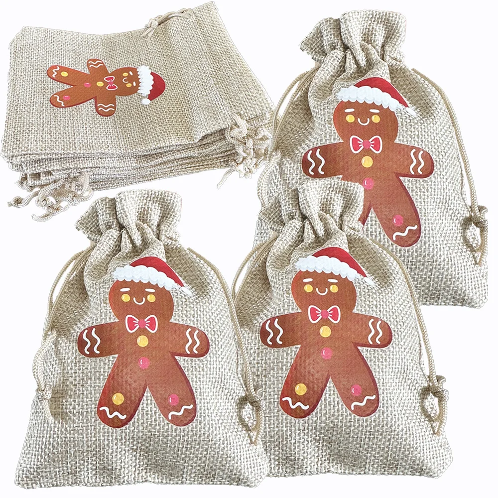 

10Pcs Christmas Gingerbread Man Burlap gift Bags Xmas Linen Jute goodies Treat Candy Bags With Drawstring Bundle Pocket