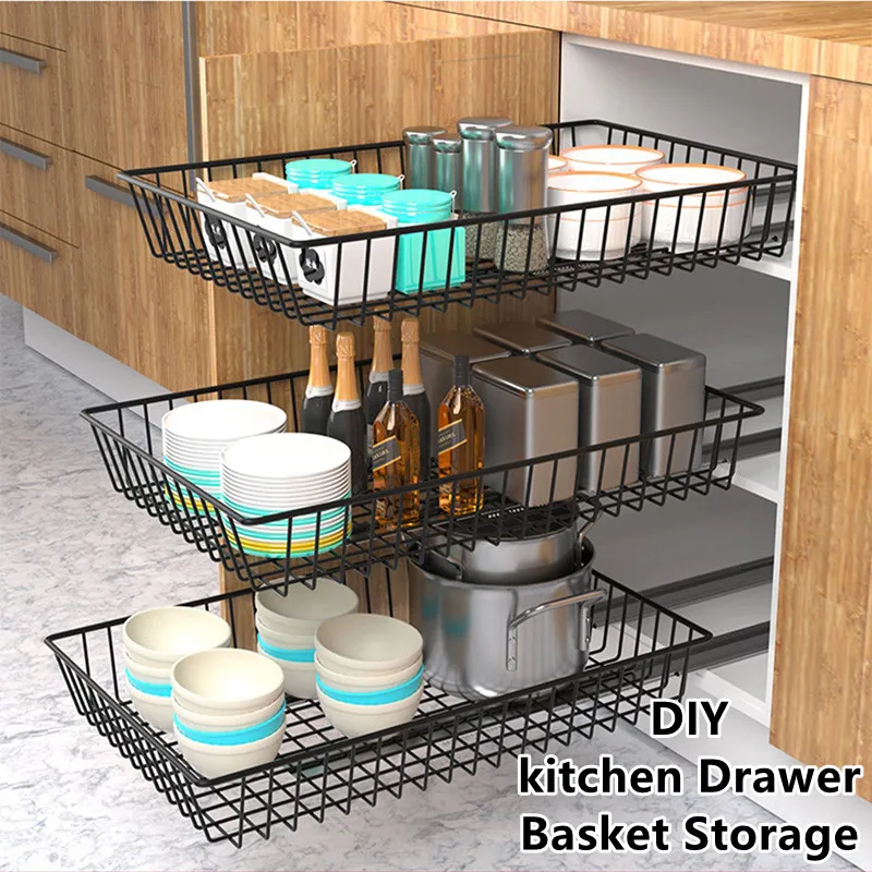 DIY Cupboard Drawer Basket Kitchen Storage Shelf Organizer Sliding Cabinet  Basket Pull Out Metal Drawer Type Mesh Basket - AliExpress