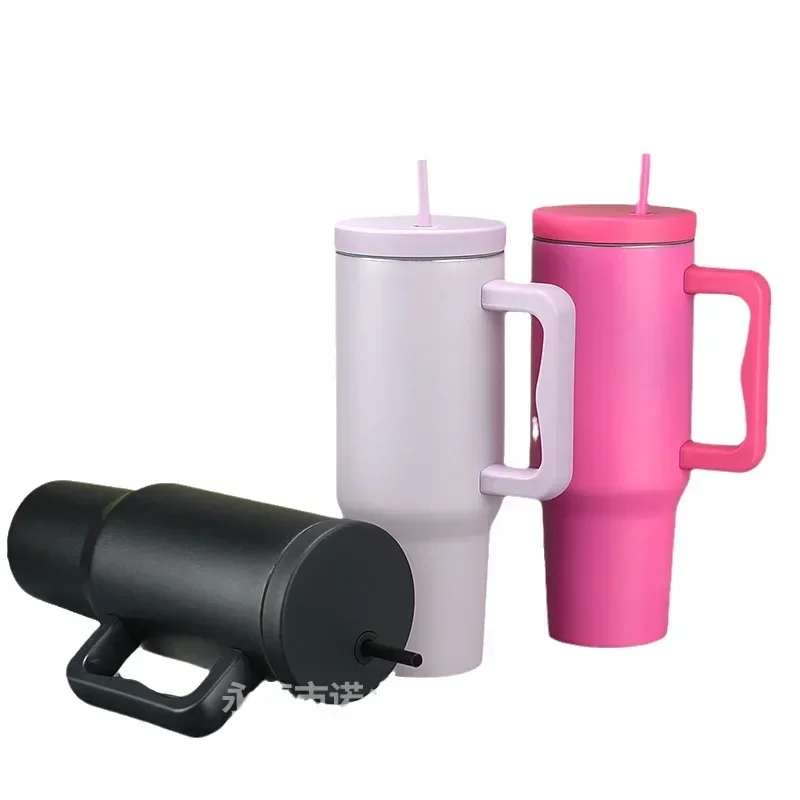 손잡이와 빨대 달린 진공 플라스크, 도로 여행을 위해 음료를 뜨겁거나 차갑게 보관함, 40oz