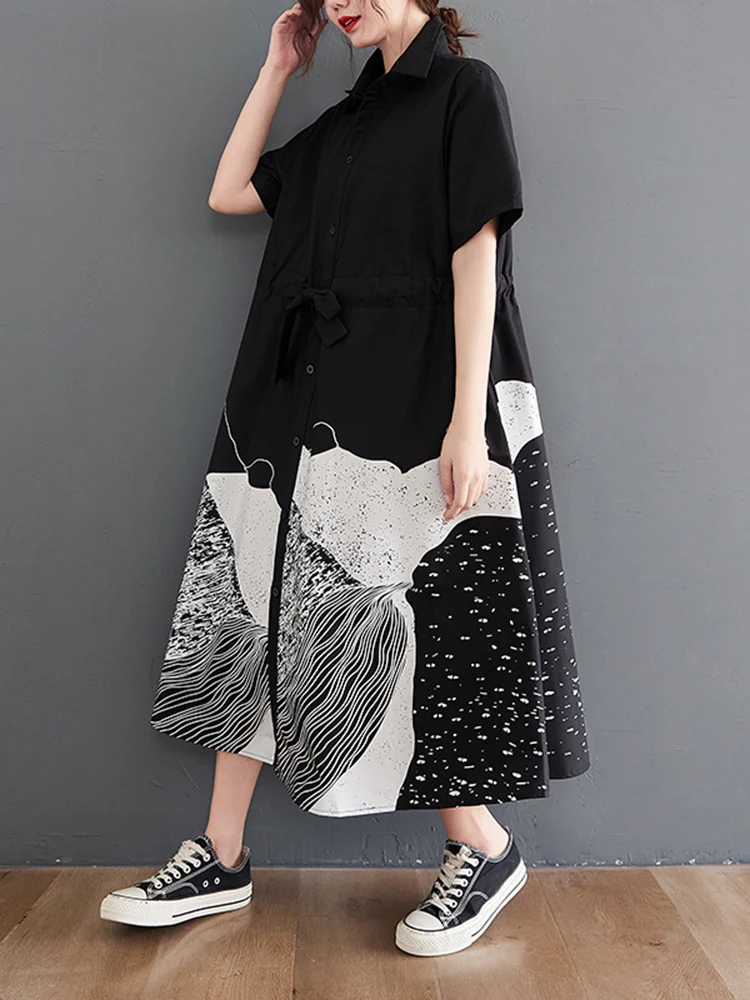 Black Print Pattern Shirt Dresses For Women New Korean Fashion Sash Short Sleeve Casual Loose Vintage Summer Dress Clothing 2025