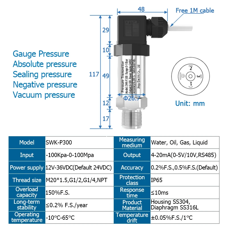 Pressure Transducer 4 20mA Water Gas Oil Liquid Pressure Sensor-1-0-1000bar 24VDC Positive Negative Vacuum Transmitter