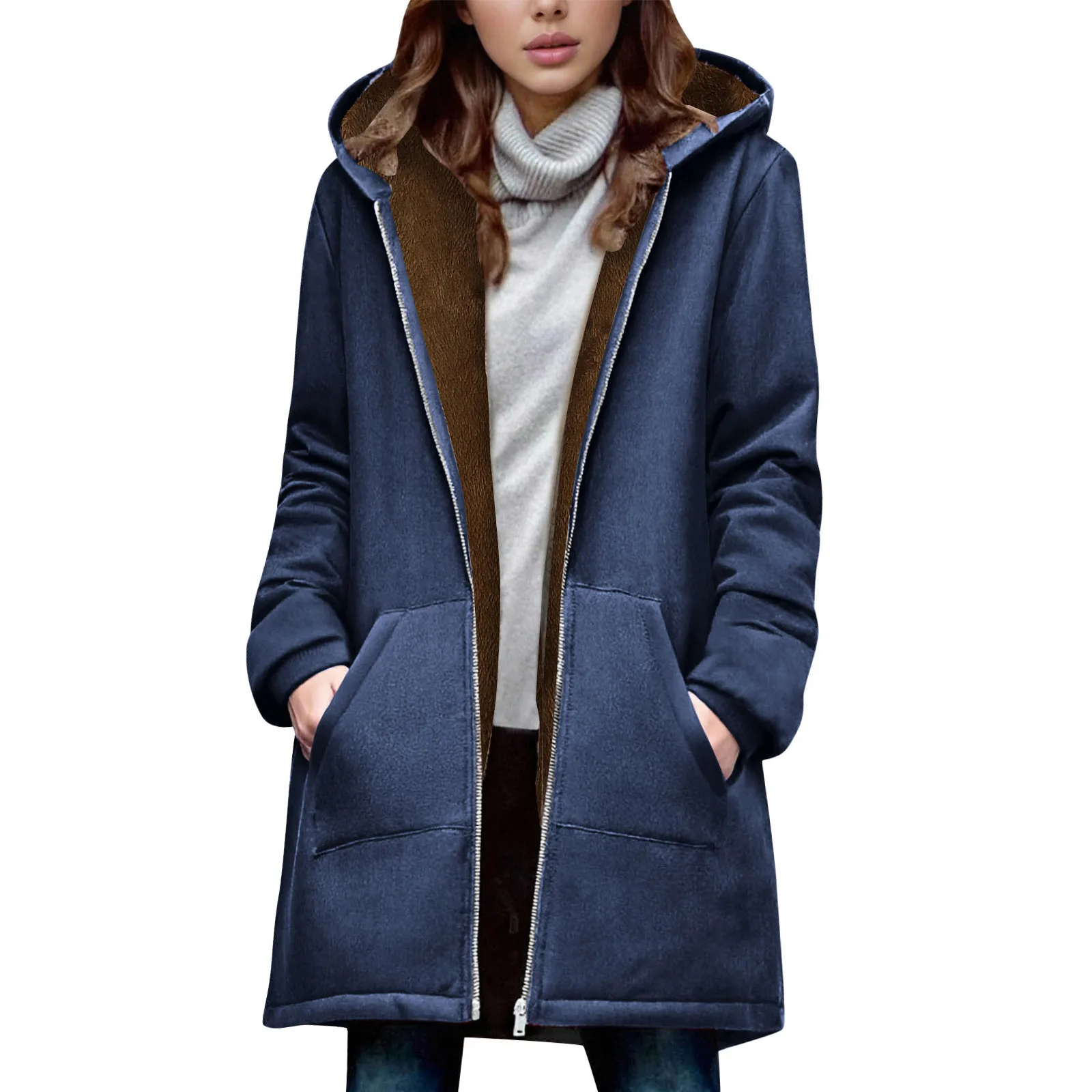 2025 Fall/Winter New Fleece-Lined Hoodie Coats Solid Color Large Size Zipper Up Mid Length Jackets Plus Velvet Pocket Overcoats 1