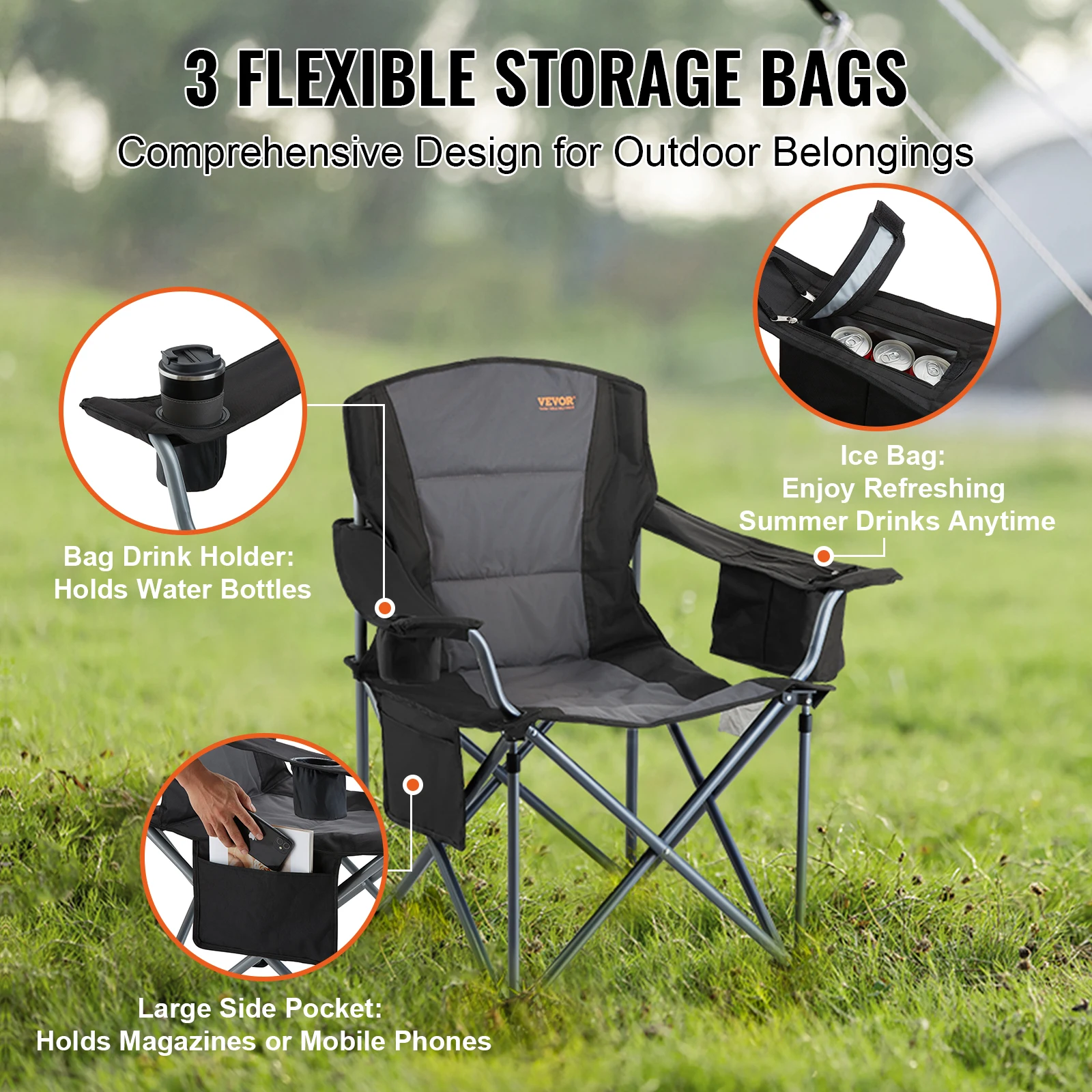 VEVOR Camping Folding Chair for Adults Portable Outdoor Lumbar Back Padded Arm Chairs for Beach Lawn Picnic Fishing Backpacking 5