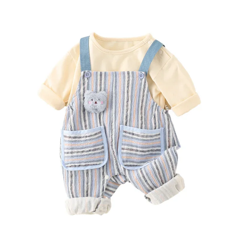 Hot Sale Of The Season New Stripe Bear Baby Boys Girls Children Clothes Two-Piece Set Autumn Outfit Cotton Crawling Suit Baby Ro