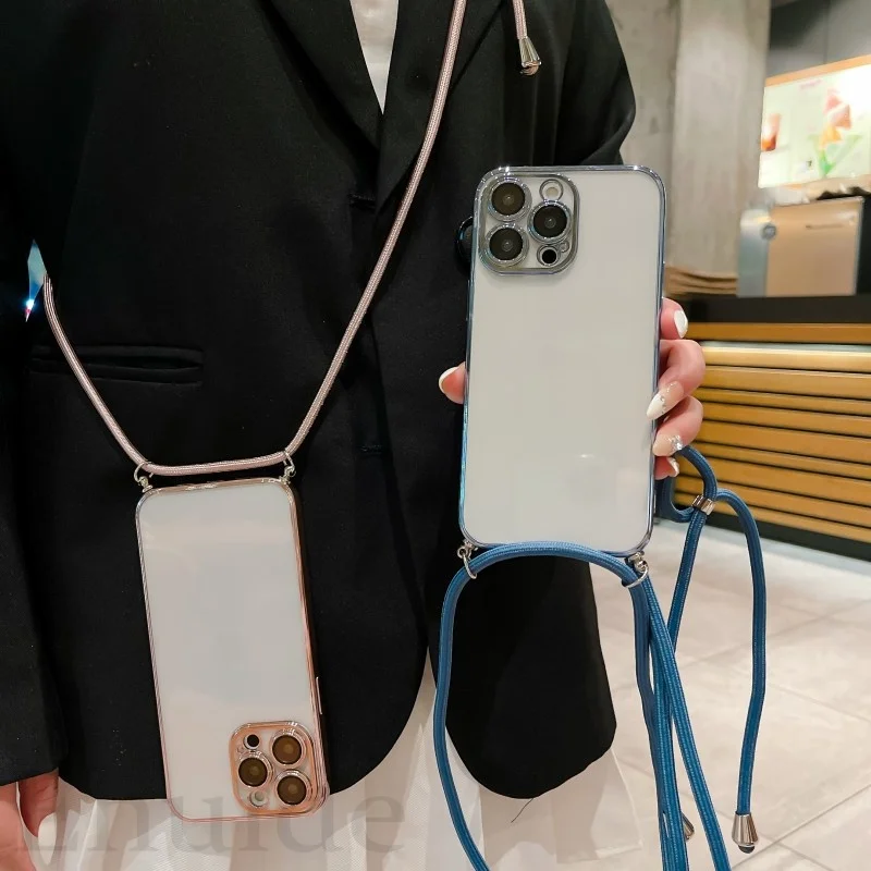 

Crossbody Lanyard Plating Case For OPPO Find X5 X3 Lite Neo Reno 5 6 Pro Plus 4Z 2Z A53 A55 Len Protector Clear Shockproof Cover