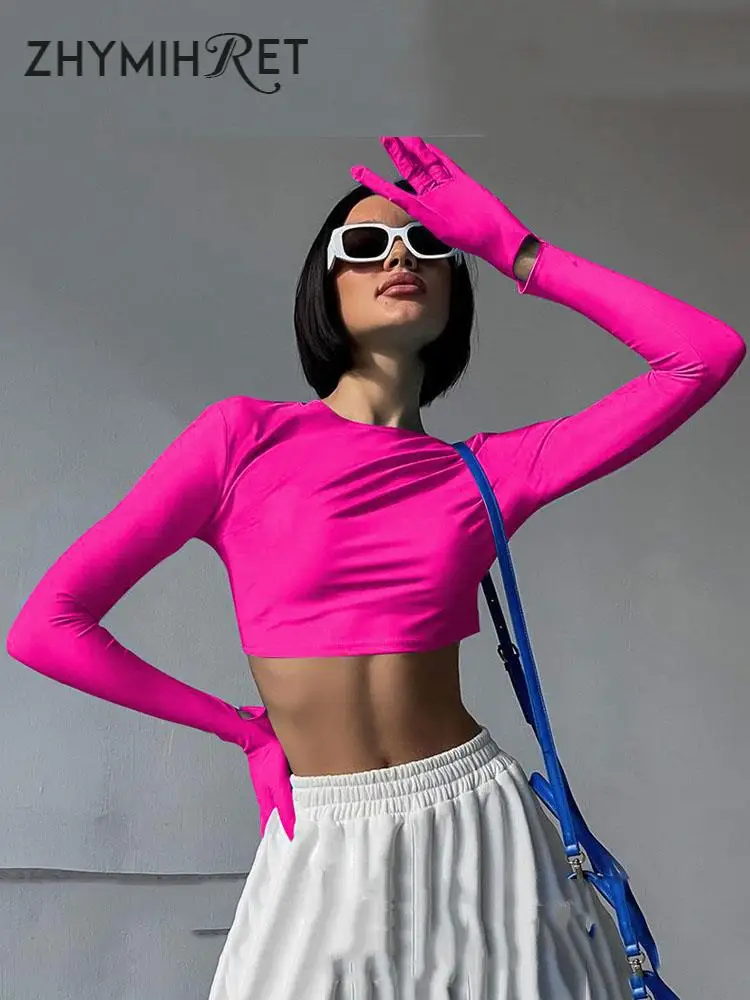 

ZHYMIHRET Neon Color Long Gloved Sleeve Y2K Crop Tops 2023 Autumn T Shirt For Women Clothing Kawaii Korean Fashion Streetwear