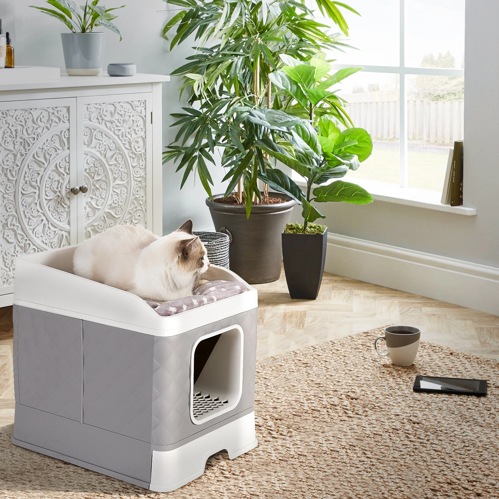 Large Cat Litter Box Top or Front Entry Enclosed Kitty Litter Tray Pet Supplies Including Cushion Drawer Style