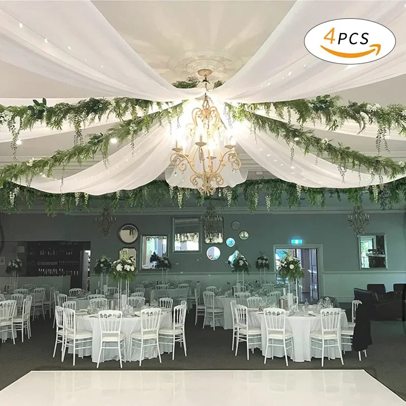 

4Pcs Wholsale White Ceiling Drapes Weddings Arch Draping Fabric Gauze Tulle Curtain for Party Ceremony Stage Hotel Decoration