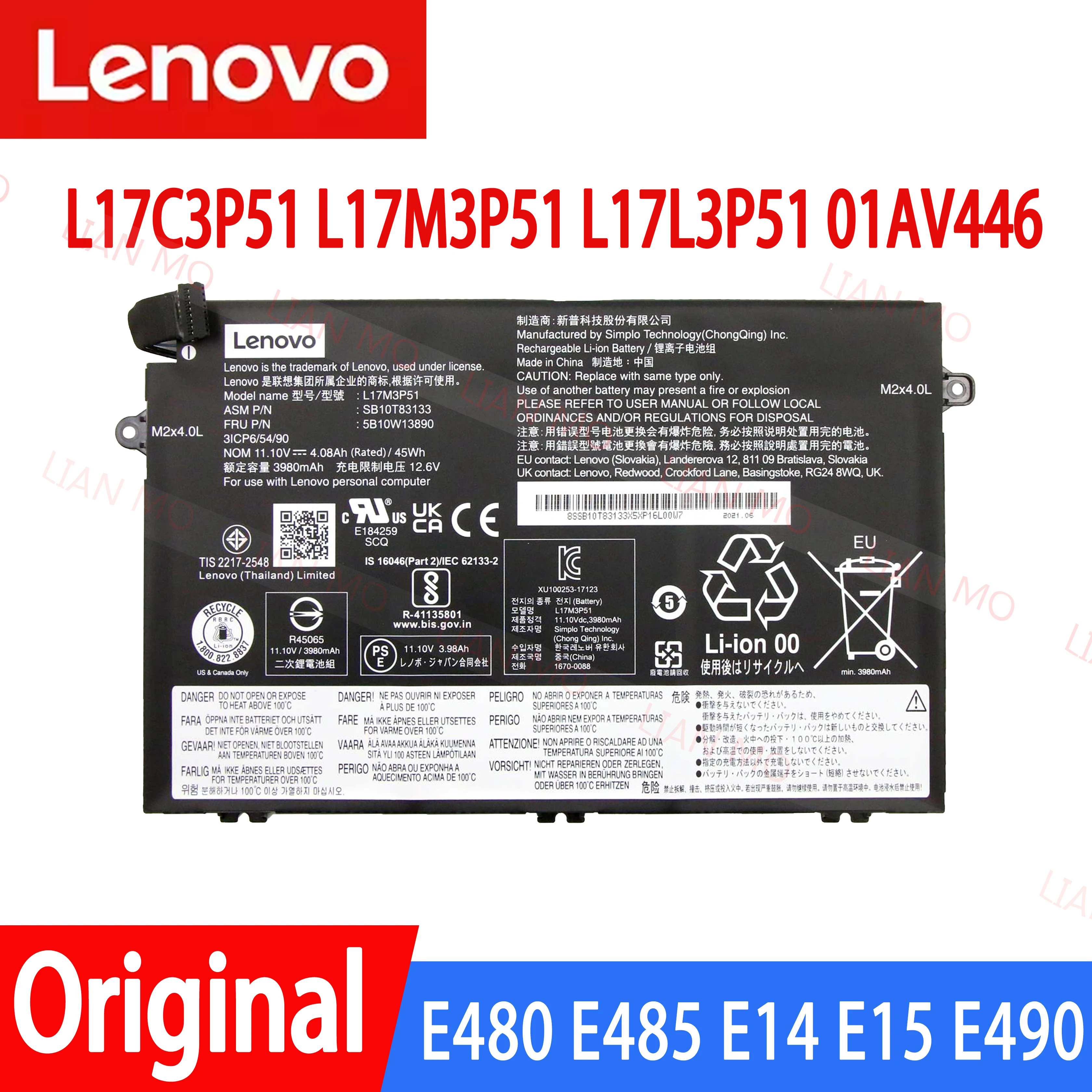 

Lenovo Thinkpad E480 E485 E14 E15 battery E580 E585 R480 E490 E495 Original notebook battery L17C3P51 L17M3P51 L17L3P51 01AV446