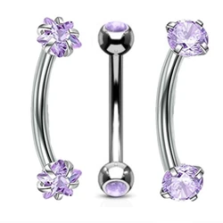 Flower Zircon Eyebrow and Ear Piercing Set - 3-Piece Curved Barbell Collection (SetPurple)