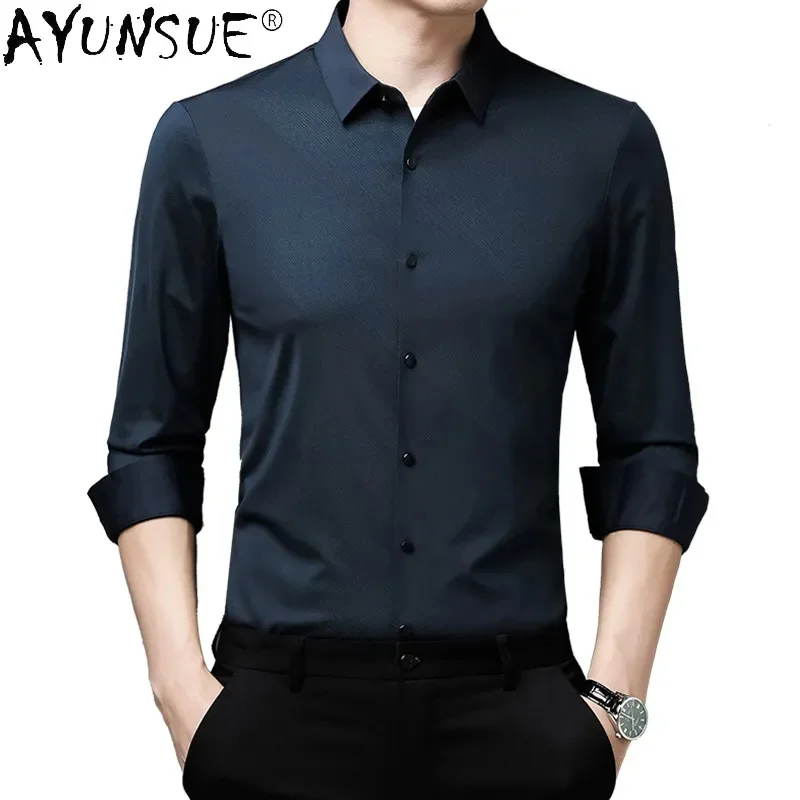 

AYUNSUE 100% Silk Men Clothing Male Social Black s Non-iron Luxury Long Sleeve s Business Casual Shirts