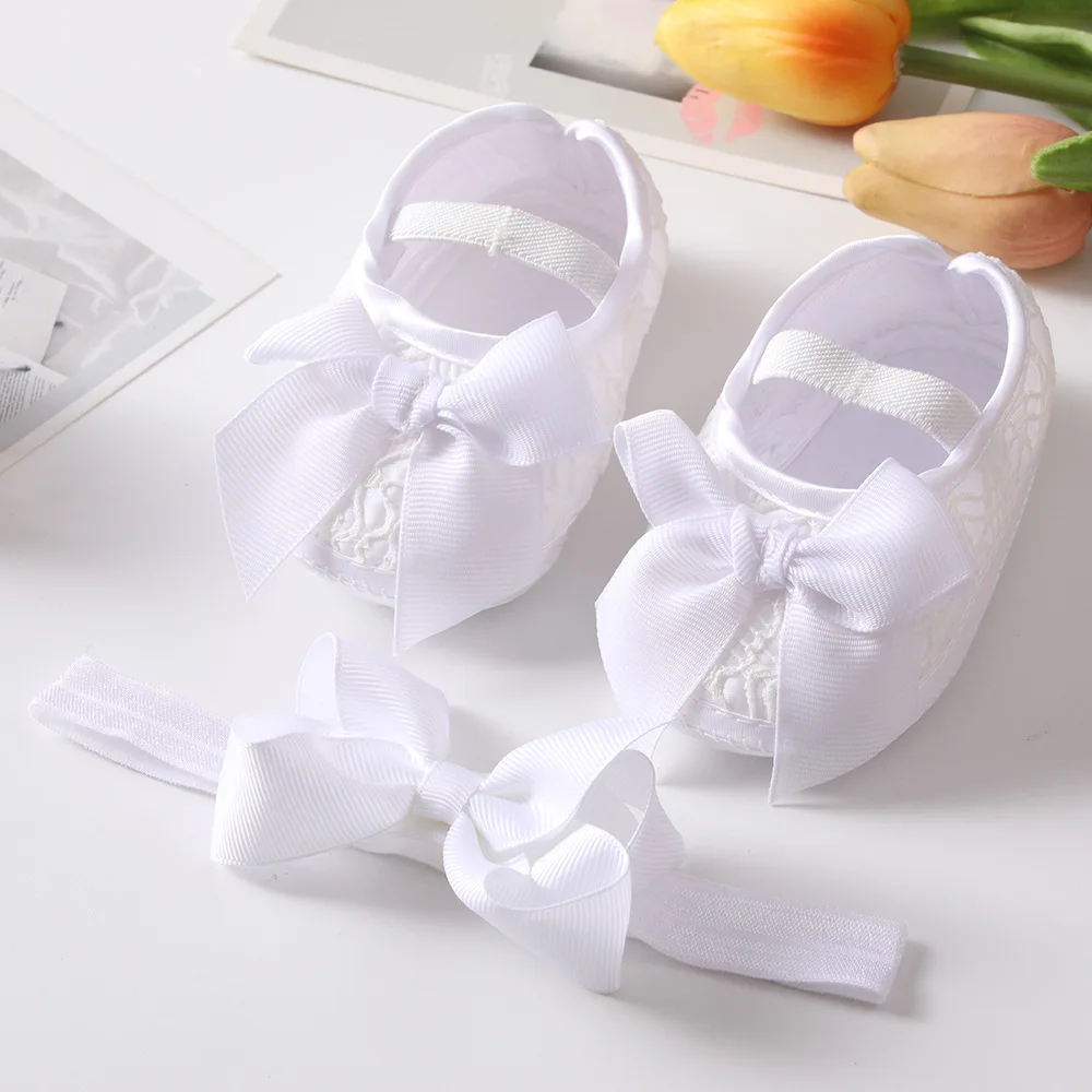 

Baby Girl Shoe + Headbands Set Cute Bowknot Newborn Baby Shoes For Girls Anti-slip Floor Prewalkers Shoes Baptism Baby Gifts