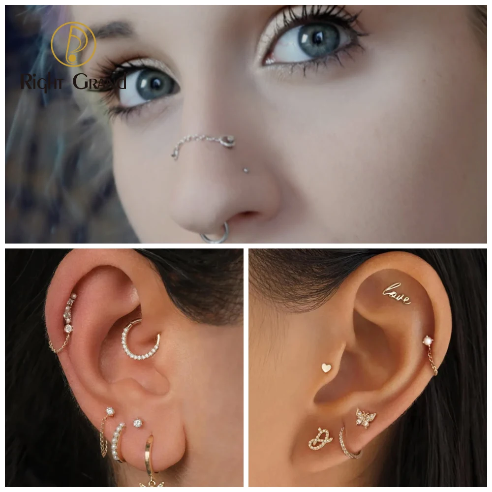 Right Grand TA1 티타늄 댄글 이어링 커넥터 체인 참 라브렛 스터드 헬릭스 노즈 후프 클리커 귀걸이 피어싱 쥬얼리