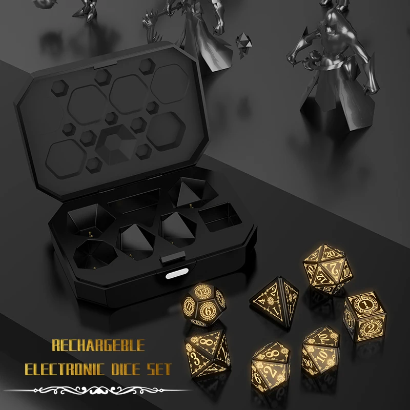 충전식 LED 전자 주사위 세트(충전 박스 포함) 7개 다면체 DND 주사위(던전 앤 드래곤 테이블탑 RPG 게임용)
