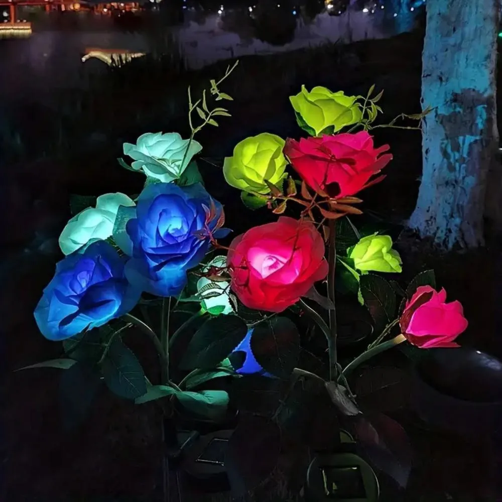 3 Heads Solar LED Romantic Garden Rose Light for Cemetery Decoration Pile Light, Garden, Courtyard, Yard & Grave Decoration