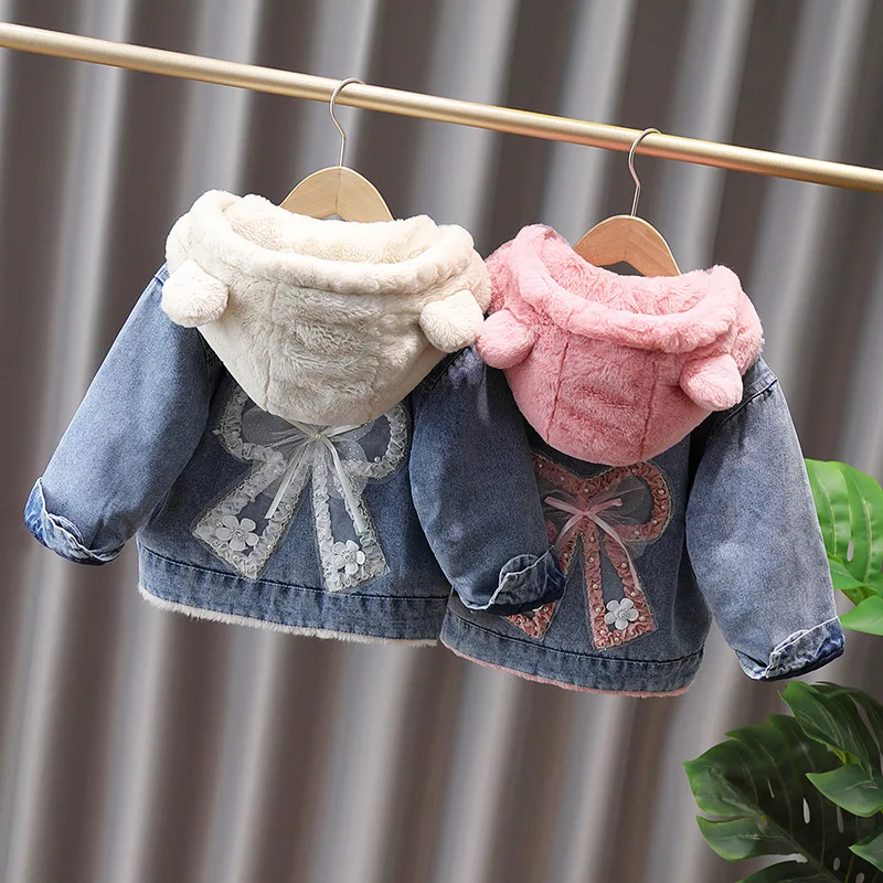 Girls Winter Cute Plush Thick Hooded Warm Denim Coat 2-10Y - Uniqwear