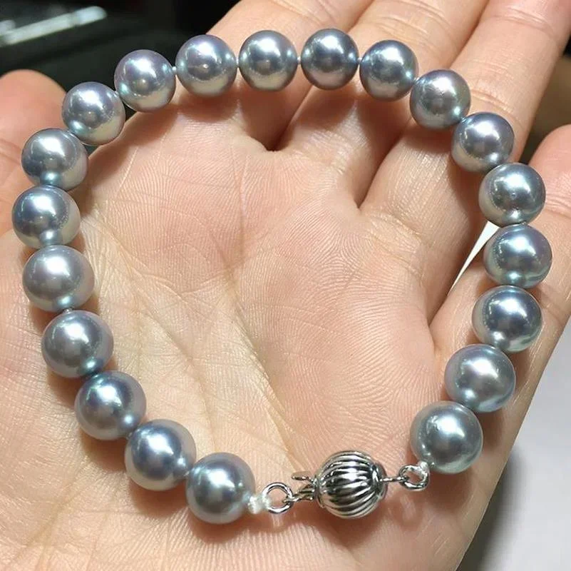 

Elegant Natural 7.5"9-10mm Sea Genuine Round Gray Pearl Bracelet for Woman Jewelry Bracelets 925 Sterling Silver