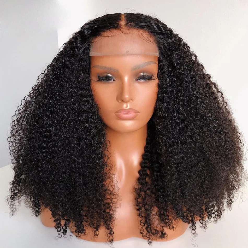 16inch Soft Glueless Short Bob Kinky Curly Preplucked Baby Hair Lace Front Wig For Women Middle Part 180density Natural Hairline