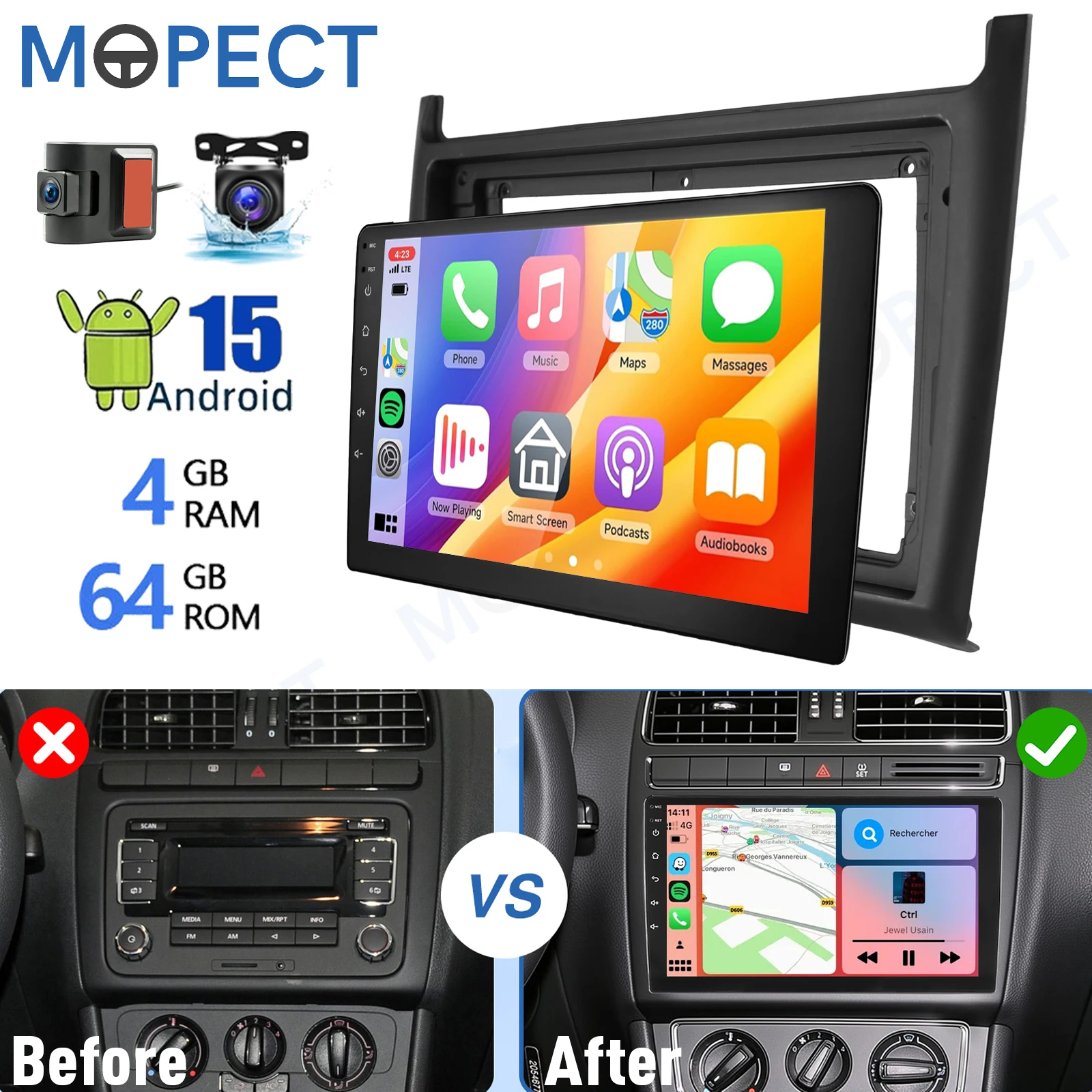 Radio para Auto Android 15.0 de 9 Pulgadas, 4+64 GB, para VW Polo 6R 6C V 2009-2017, Apple CarPlay, Pantalla Táctil IPS, Navegación GPS, FM/AM, SWC, Bluetooth 1