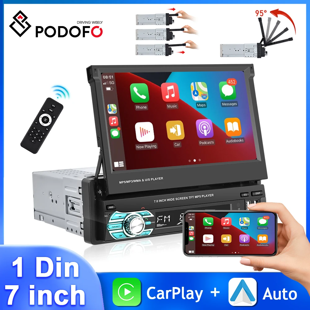 

Podofo 7inch Retractable Car Radio Carplay Android Auto Multimedia Player Mirror Link Bluetooth USB AUX Audio 1Din Car Stereo