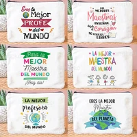 Best Teacher in The World Spanish Print Makeup Bag Travel Neceser Toiletries Storage Pouch Pencil Bags Graduate Gift for Teacher 1