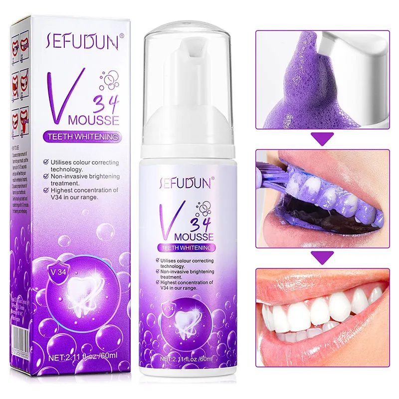 New 60ml Toothpaste Mousse V34 Whitening Easy Smile Effective Remove Stain Yellow Oral Hygiene Clean Professional Dental Care