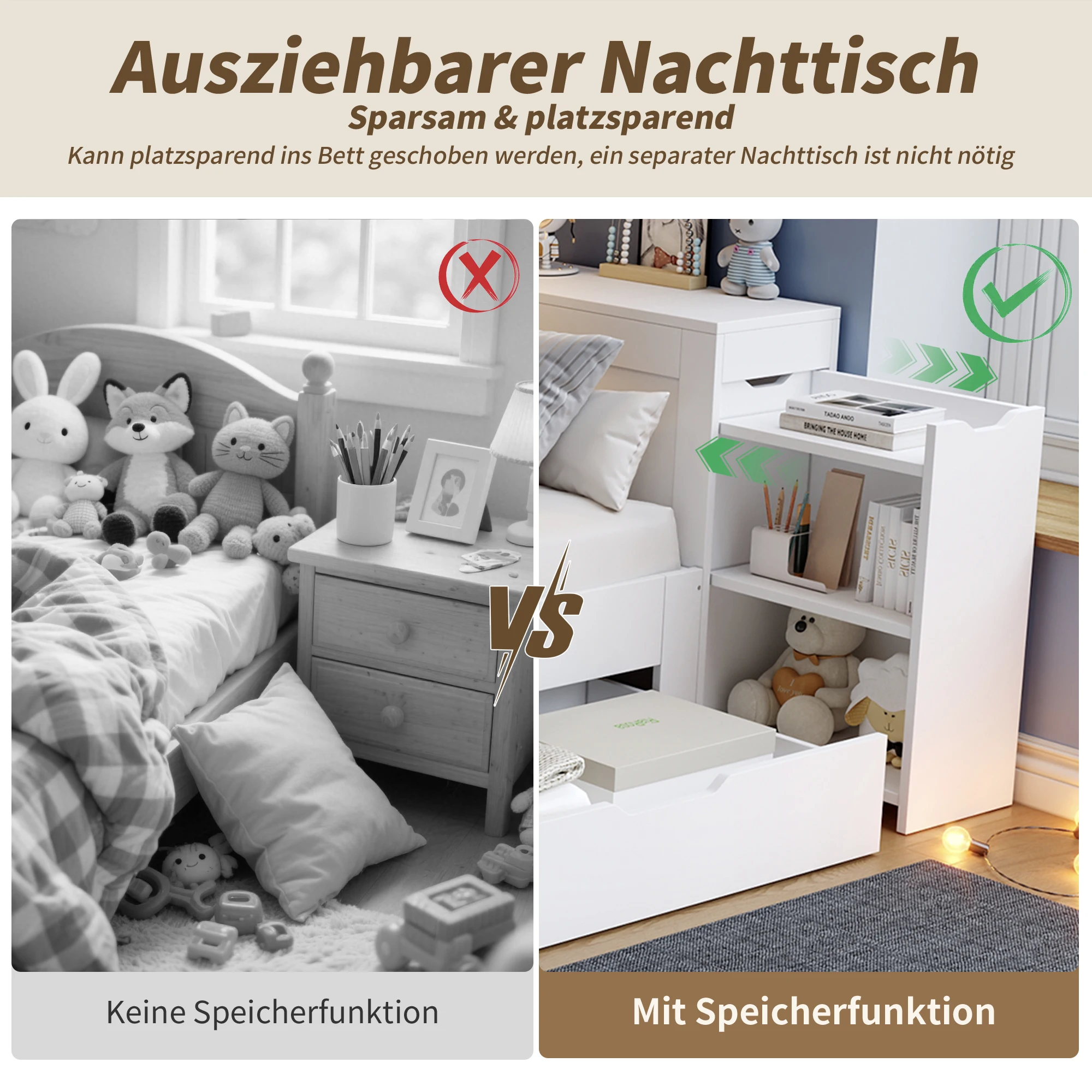 KOMHTOM Weißes multifunktionales Kinder Einzelbett Daybed 90x200cm mit Nachttisch Schubladen Regalen und Stauraum ohne Matratze – Detail 3