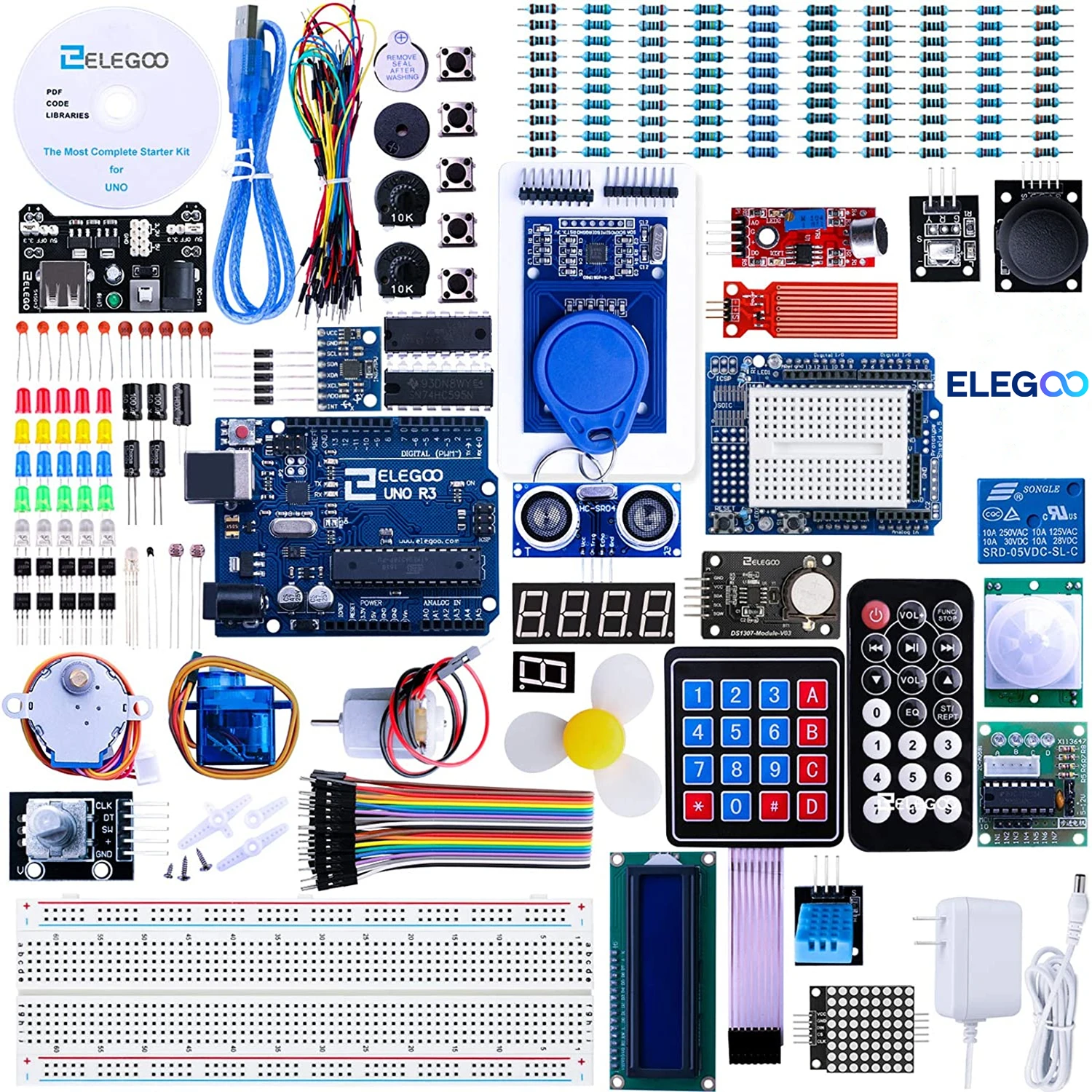 ELEGOO-Kit de iniciación UNO R3 para proyecto, Kit electrónico de bricolaje con Tutorial Compatible con Arduino IDE (63 artículos)