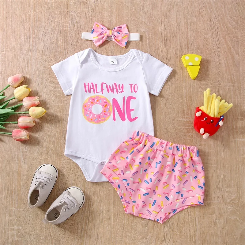 

3-6M Infant Baby Girls Summer Outfits Cute Doughnut Print Short Sleeve Romper + Shorts + Headband 3Pcs Clothes Sets