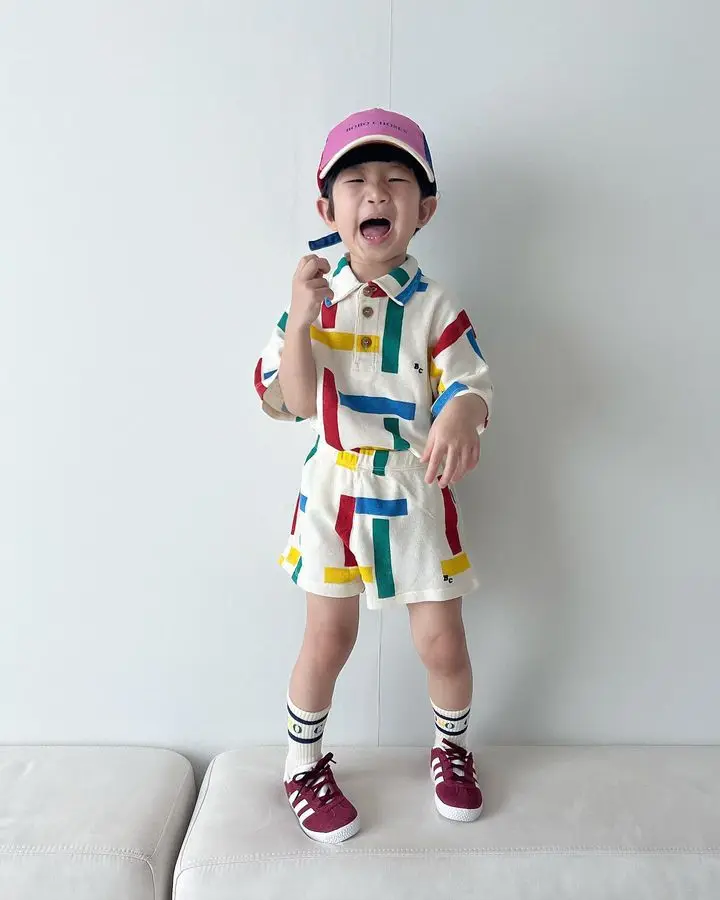 2023 BC Summer Girls' Korean Style Cute Contrast Square Polo Neck Waffle T-shirt Children's Set Children Clothing