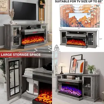 Farmhouse Style 75 Inch TV Stand with 3-Sided Glass Electric Fireplace and Media Storage Cabinet