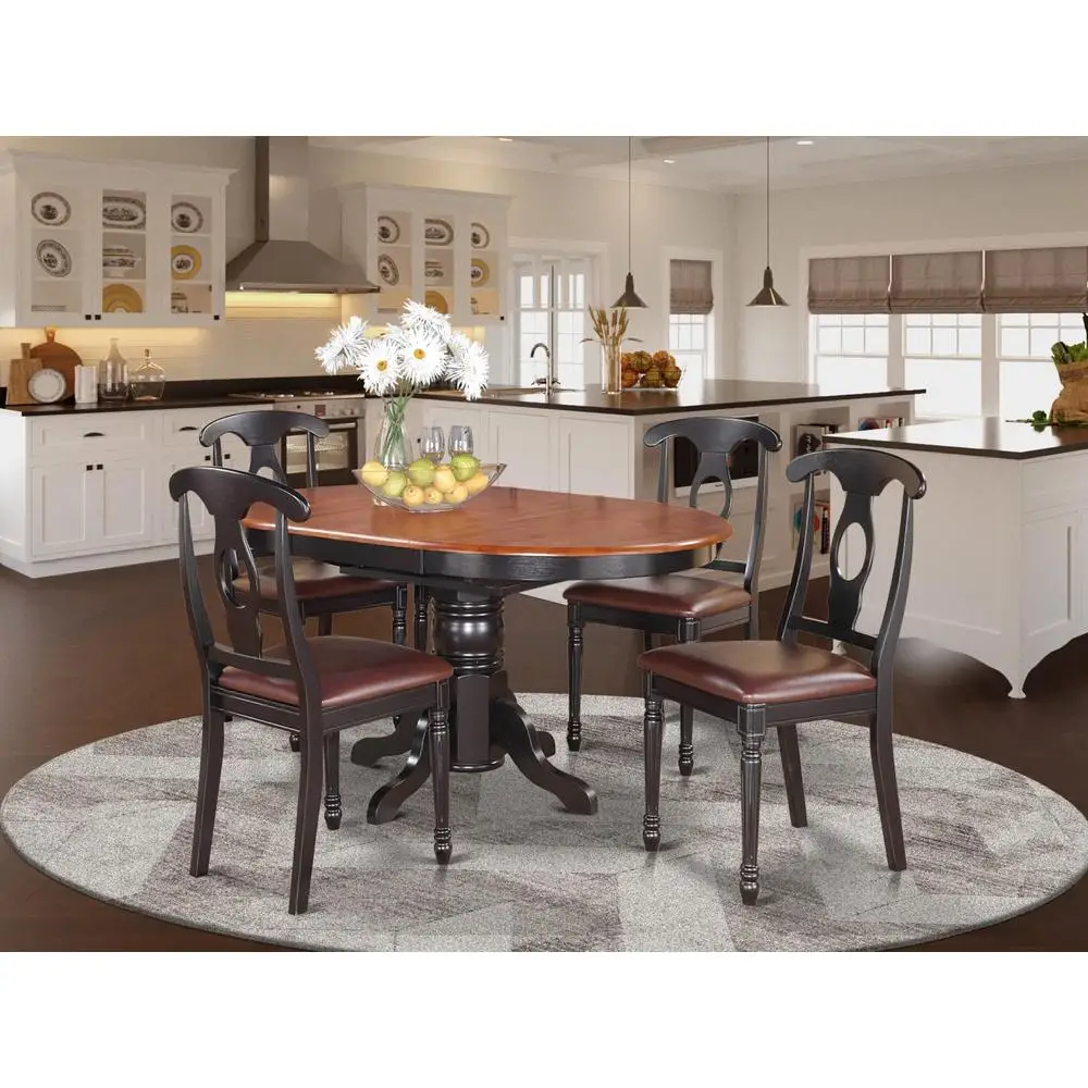 5-Piece Kitchen Table & Chairs Set with Oval Dining Room Table & Faux Leather Chairs Cherry Table Top Black Finish Asian Wood