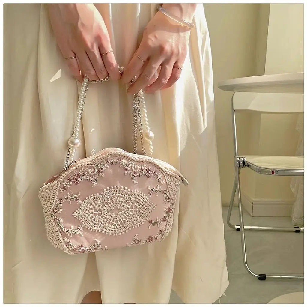 JIAERDI Retro Floral Embroidery Pink Hand Bag Women Fairycore Aesthetic Pearl Handle Underram Bag Ladies Chinese Style Purse New