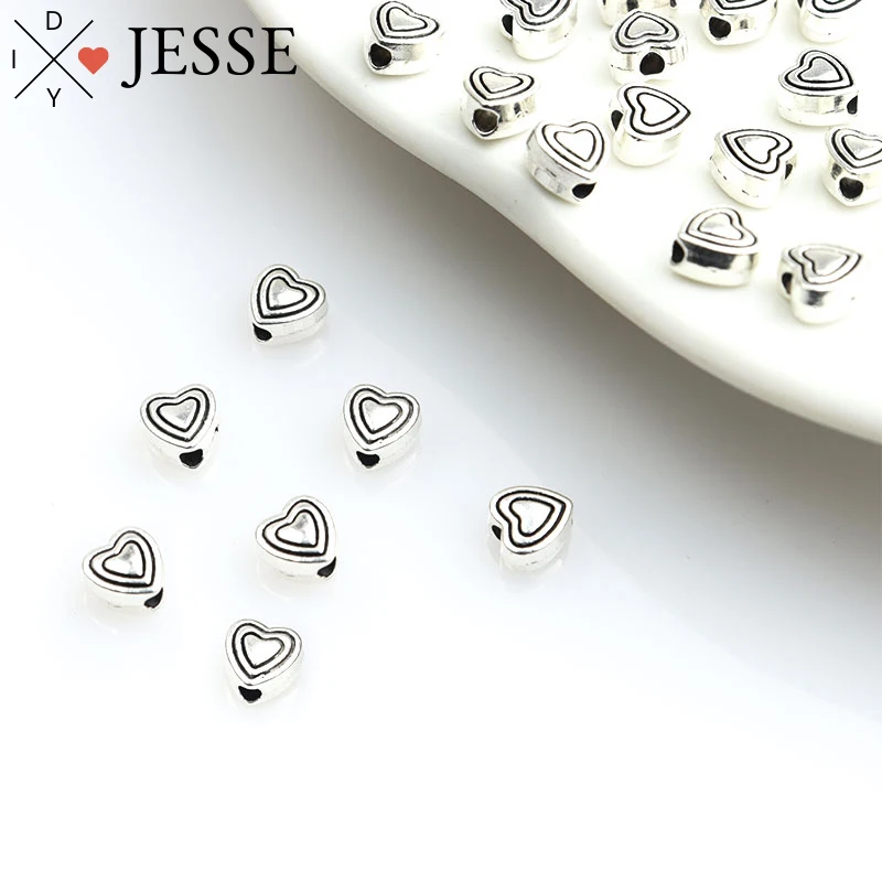 

50pcs Love Heart Spacer Alloy Beads Tibetan Silver Loose Metal Beads For Jewelry Making Diy Bracelets Necklace Handmade Findings