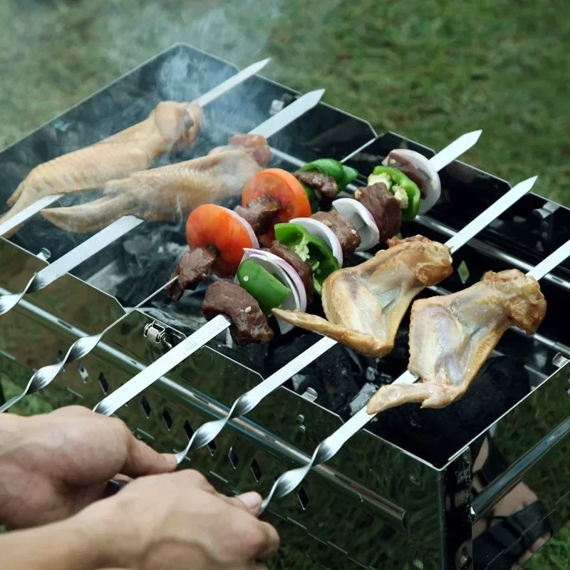 Barbecue Skewers Bbq Grilling Accessories 6Pcs BBQ Skewer Stainless Steel Wide Barbecue Sticks Flat BBQ Fork Outdoor Camping Picnic Utensil Kitchen Accessories