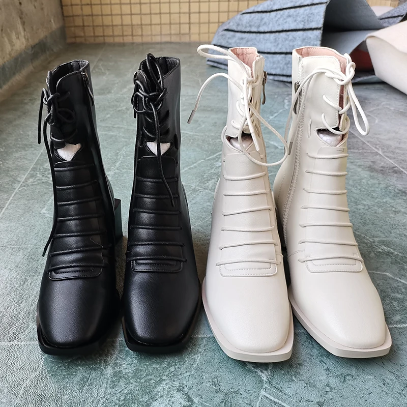 Women ankle boots natural leather plus size 22-25 CM Square toe Outdoor fashion leisure shoes Hollow Wearable in all seasons