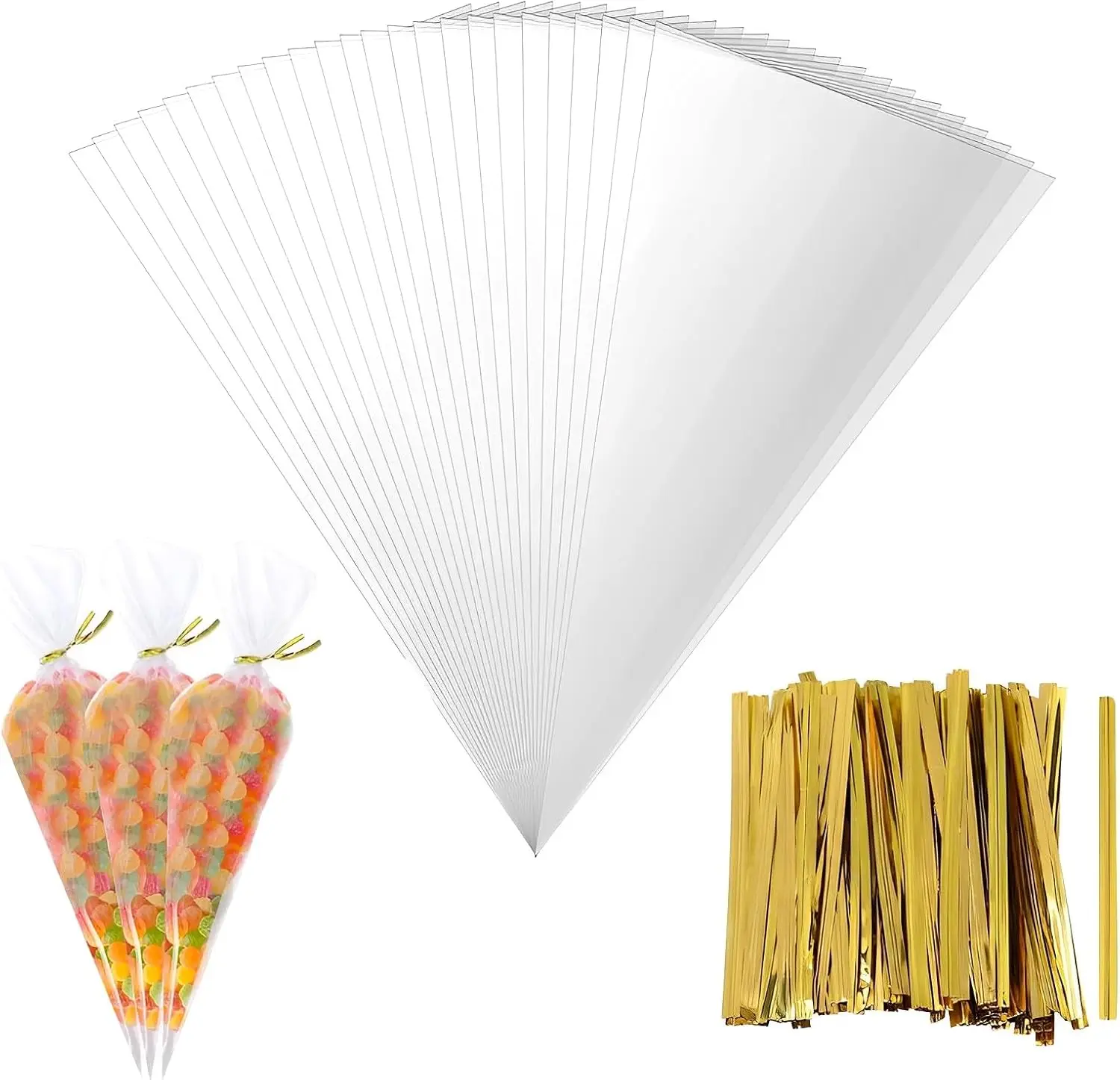 50Pcs Cone Bags Clear Plastic Cone Shaped Treat Bags with Twist Ties for Party Favor Gift Wrapping Packaging Decorations Storage
