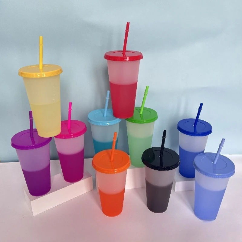 New 24oz 10Pcs Color Changing Cups with Lids and Straws 710ml Plastic Tumblers Cute Iced Coffee Cup Reusable Cups Bulk
