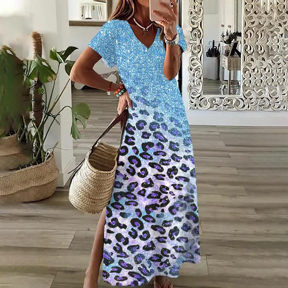 

2024 Summer Glitter Leopard Print Women's Dresses Female Elegant Midi Dresses Plus Size Short Sleeve Dress Women's Clothing
