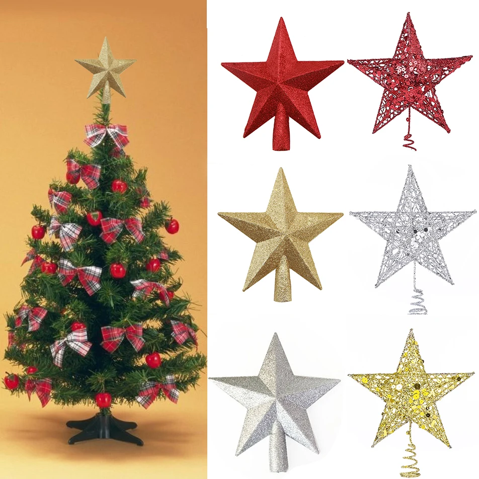 20/15Cm Christmas Tree Topper Star Gold Glitter Iron Red Sliver Stars Merry Christmas Decorations 2022 Xmas Tree Ornaments