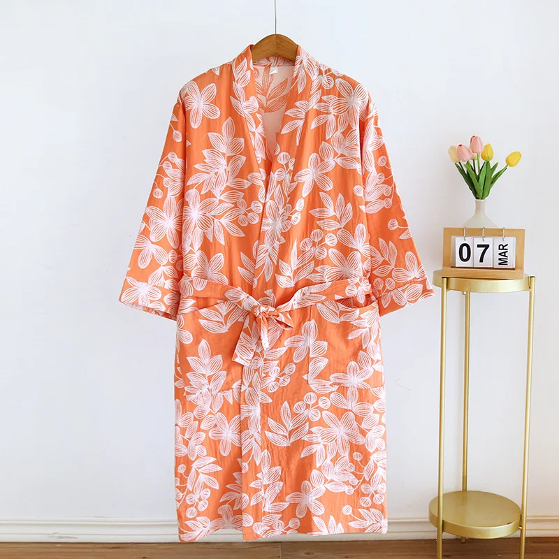 Women's Pure Cotton Gauze Pajamas Thin Jacquard Bathrobes Autumn Long Sleeve Japanese Kimono Robe Loose and Casual Home Wear