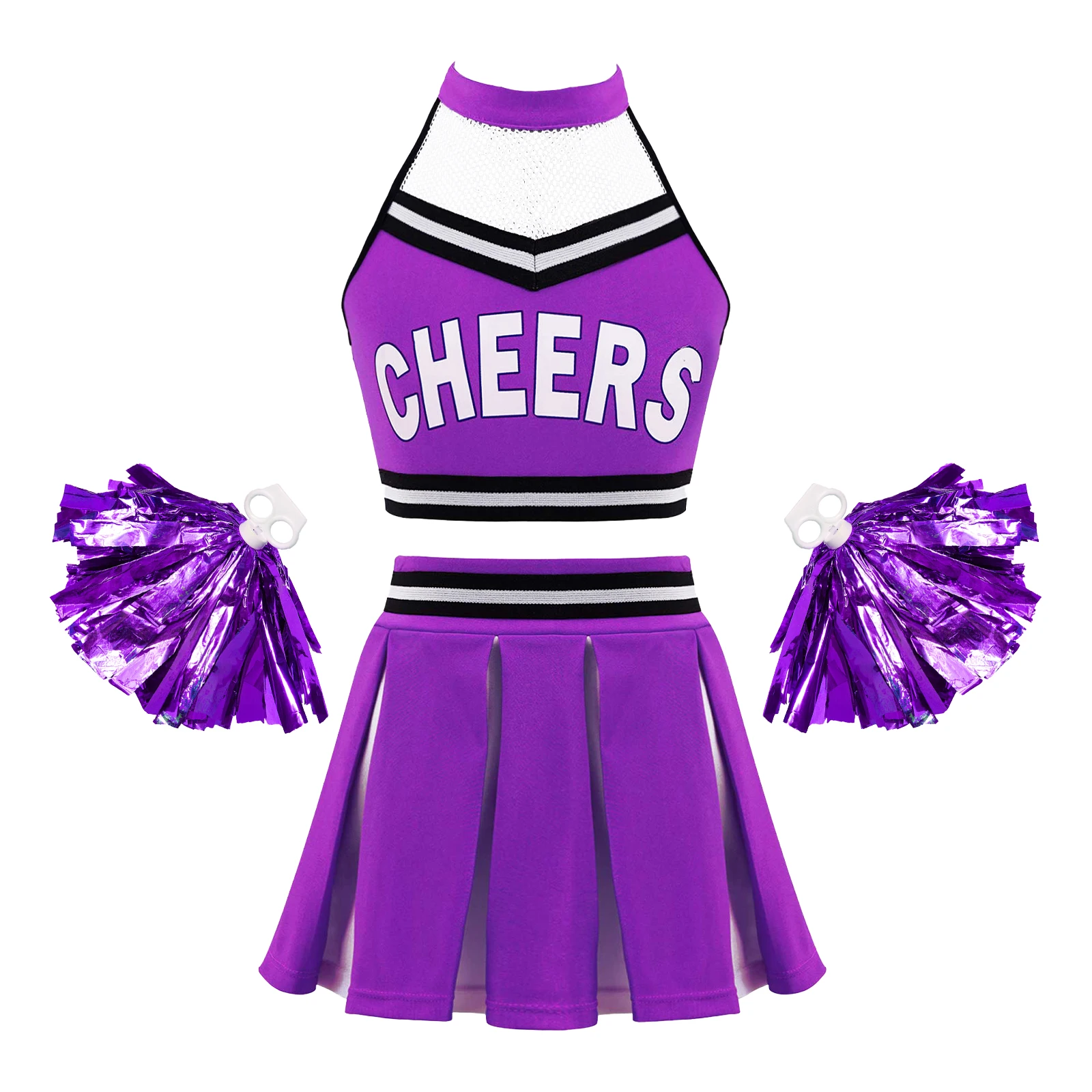 Kids Girls Cheerleader Dance Costume Halter Neck Backless Crop Top with Elastic Waistband Pleated Skirt Cheerleading Uniform